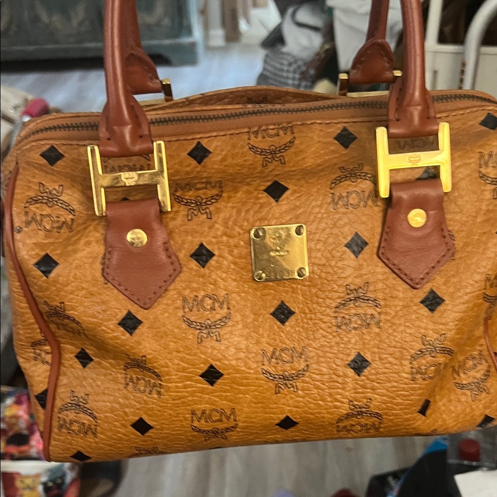 MCM Tan Satchel with Gold Hardware